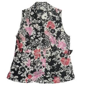 Vintage Retro Black Pink Floral Linen Sleeveless Button Down Blouse Womens Large